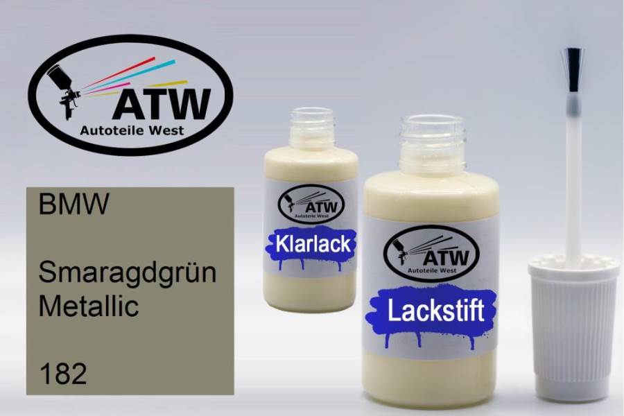 BMW, Smaragdgrün Metallic, 182: 20ml Lackstift + 20ml Klarlack - Set, von ATW Autoteile West.